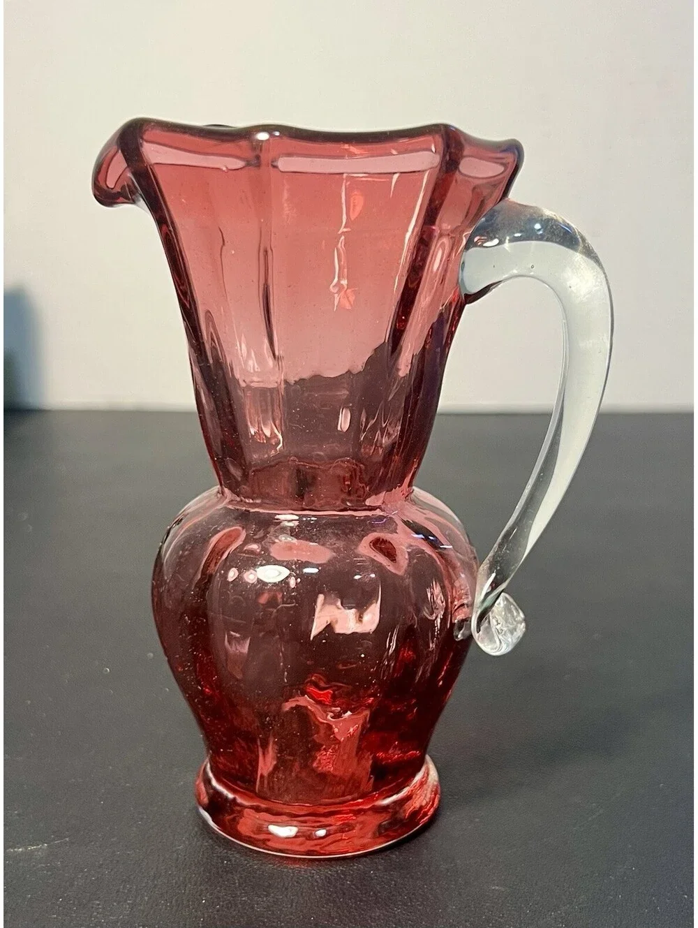 Pilgrim Glass 1970s Pitcher Hand-Blown Cranberry Glass Clear Handle, 3x5.5”